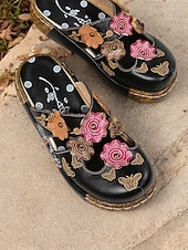 preiswerte Urlaubsandalen-Damen-Clogs aus geblümtem Leder – handgefertigte Slip-On-Pantoletten mit Keilabsatz und Cut-out-Design im Bohème-Stil für Freizeitkleidung und Komfort im Freien