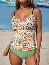 abordables Tankinis-Maillots de bain femmes Tankini 2 pièces Maillot de bain à jambe de garçon Dos nu Vêtements de plage vacances Floral Graphique Col en U Sans manches