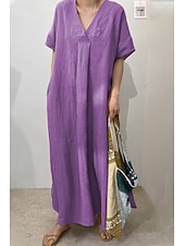 abordables concevoir des robes en coton et lin-Femmes Robe Midi Robes inspirées du lin Robe en coton et lin Mode Classique Moderne Quotidien Fête Week-end Coupe régulière Uni Manche Courte Col en V Rouge Chameau Violet Vert Été