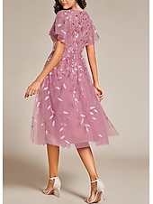 cheap Cocktail Dresses-A-Line Cocktail Dresses Elegant Dress Homecoming Party Wear Tea Length Short Sleeve V Neck Sequined with Sequin Dresses
