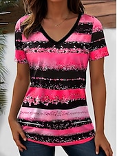 billige Stripe og geometrisk t-skjorte-Dame T skjorte hav Stripet Fritid Kortermet V-hals Vanlige topper Daglig Ut på byen Helg Trykt mønster Gul Rosa Blå Lilla Oransje Sommer