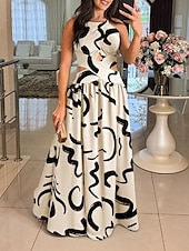abordables Robes fleuries décontractées-Femmes Robe Longue Maxi Robe Robe évasée Robe à col licou Robe Imprimée Élégant Sortir Robe d&#039;Été Coupe régulière Fleuri Géométrique Sans manches Col Halter Blanche Orange Vert Beige Été