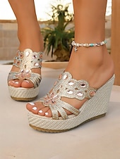 cheap Vacation Sandals-Women&#039;s Rhinestone Wedge Sandals – Sparkly Open-Toe Platform Sandals with Gem Embellishments for Summer, Beachwear, and Casual Chic Outfits