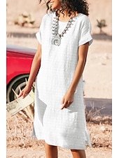 abordables Robes décontractées-Femmes Robe Midi Robe Décontractée Robe en coton et lin Mode Moderne Extérieur Sortir Week-end Coupe régulière Uni Manche Courte Col ras du cou Noir Blanche Rouge Gris Été
