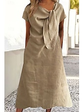 abordables concevoir des robes en coton et lin-Femmes Robe Midi Robes inspirées du lin Robe en coton et lin Mode Classique Extérieur Fête Week-end Coupe régulière Uni Manche Courte Col ras du cou Jaune Orange Vert Kaki Été