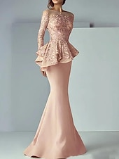 voordelige Vloerlengte-Zeemeermin moeder van de bruid jurk formele bruiloft gast elegante scoop hals vloer lengte kant stretch stof lange mouw met ruffles applicaties 2025 gratis maat op maat