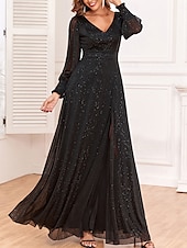 levne černý-Šaty matky nevěsty elegantní párty černé šaty V krku na zem polyester dlouhý rukáv se sequiny
