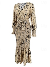 preiswerte abendkleider-Damen Midikleid Cocktailkleid Etui-Kleid Mode Urlaub Ferien Teegesellschaft Normale Passform Leopard Langarm V Ausschnitt Schwarz Khaki Aprikose Sommer