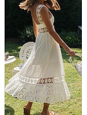 cheap White Graduation Dresses-Women&#039;s Midi Dress White Dress Graduation Dress Elegant Fashion Modern Vacation Birthday Going out Regular Fit Plain Sleeveless U Neck White Summer