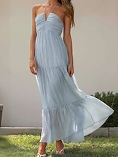 abordables Robes de vacances-Femmes Robe Midi Robe de remise des diplômes Mode Extérieur Date Sortir Coupe régulière Uni Sans manches Bretelles spaghetti Bleu Vert Été