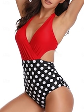 billige Onepiece badedrakter-Kvinners Badetøy Én Delt Monokini Badedrakt Ryggløs Magekontroll Høy Midje Slim Ferie Strandklær Blomster Prikkete V-Hals Ermeløs Badedrakter