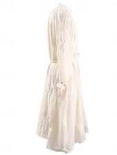 abordables Longueur du thé-Robe Mère de la Mariée Élégante Vintage Simple Décolleté en V Longueur Thé Mélange de Coton Manches Longues avec Broderie Robe Midi Robe d&#039;Invitée de Mariage