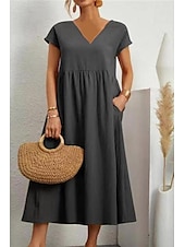 economico Vestiti-Per donna Abito Midi Abiti ispirati al lino Abito in cotone e lino Essenziale Classico Moderno Vacanza Quotidiano Ferie Vestibilità regolare Semplice Manica Corta Scollo a V Nero Verde chiaro Rosa