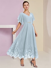 preiswerte Bodenlänge-A-Linien Kleid für die Mutter der Braut Formal Hochzeitsgast Eleganter V-Ausschnitt Tee-Länge Chiffon Spitze Kurzarm mit Applikationen Kristallbrosche 2025 kostenlose Maßanfertigung