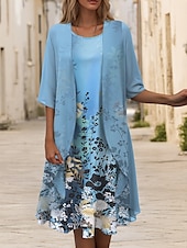 economico Abito Floreale-Abito di laurea Donna Abito Midi 2 Pezzi Completo Abito a A Abito estivo Vacanza Casual Stampa Floreale Grafica Maniche a metà Collo rotondo Quotidiano Blu Estate Primavera Fit morbido