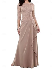 preiswerte Unter 129,99 $-Kleid Brautmutterkleid Hochzeitsgast Elegant Einfach Rundhalsausschnitt Bodenlang Polyester Dreiviertelarm mit Spitze Einfarbig 2025