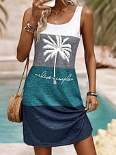 preiswerte Hawaiian-Kleider-Damen Mini Kleid A-Linien Kleid Sommerkleid Schulterfreies Kleid Urlaub Täglich Lockere Passform Grafik Buchstaben Tropisch Ärmellos U-Ausschnitt Dunkelblau Sommer Frühling