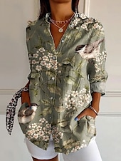 voordelige Bloemen tops-Dames Overhemd Bloemig Grafisch Casual Lange mouw Overhemdkraag Normale tops Werk Dagelijks Knop Afdrukken Geel blauw Groen Lente Herfst Winter