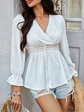 billige Kvinne Enkle Topper-Kvinners Bluse Boho Skjorte Enfarget Stilfull Avslappet Langermet V-Hals Vanlige Topper Daglig Lappverk Utskjæring Sort Hvit Blå Aprikos Sommer Vår