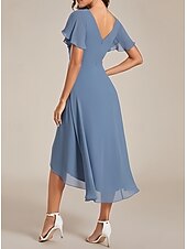 baratos Vestidos para Madrinhas-Linha A Vestido de Madrinha Decote V Manga Curta Elegante Assimétrico Chiffon com Franzido 2022