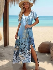 preiswerte Blumenkleider-Damen Maxi Kleid A-Linien Kleid T-Shirt Kleid Tee Kleid Sundress Sommerkleid Elegant Urlaub Tropisches Urlaub Strand Regulär Fit Floral Grafik Kurzarm Rundhals Blau Sommer