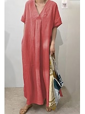 abordables concevoir des robes en coton et lin-Femmes Robe Midi Robes inspirées du lin Robe en coton et lin Mode Classique Moderne Quotidien Fête Week-end Coupe régulière Uni Manche Courte Col en V Rouge Chameau Violet Vert Été