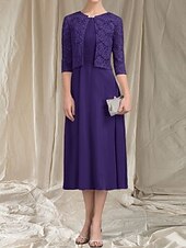 abordables Longueur du thé-Robe Mère de la Mariée A-Line Deux Pièces Invité de Mariage Élégante Col Arrondi Longueur Thé Chiffon Dentelle Manches 3/4 avec Robe Midi Ruchée en Dentelle 2025