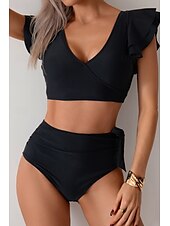 preiswerte Bikini-Sets-Damen Badeanzug Bikini Bademode Hoch tailliert Tropisch Strandbekleidung Farbblock V-förmiger Draht-Ausschnitt Ärmellos Badeanzüge