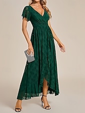baratos Vestidos para Madrinhas-vestido de madrinha linha a decote em v manga curta elegante renda assimétrica com pregas / franzido 2025