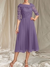 preiswerte Teelänge-A-Linie Brautmutterkleid Hochzeitsgast Elegante gewellte Ausschnitt Tee-Länge Chiffon Spitze Halbarm mit Spitze Perlen Midi Kleid 2025