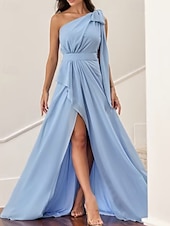 baratos Vestidos para Madrinhas-Vestido de mãe da noiva em corte A, elegante, vintage, simples, um ombro, comprimento até o chão, chiffon, sem mangas, com laço(s), cor sólida, fenda 2025