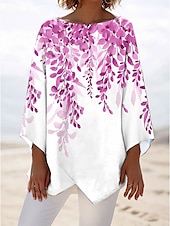 billige Blomstrete topper-Dame Bluse Blomstret Grafisk Stilfull Strandstil 3/4 ermer Crew-hals Vanlige topper Daglig Trykt mønster Rosa Blå Grønn Vår Høst