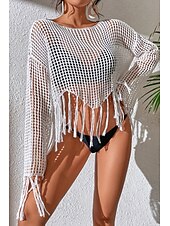 cheap Blouses &amp; Shirts-Women&#039;s Blouse Plain Modern Casual Long Sleeve Crew Neck Regular Tops Daily Holiday Going out Hollow Out Fringe Black White Green Summer