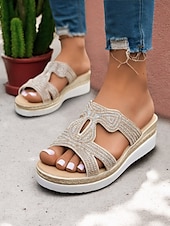 cheap Vacation Sandals-Women&#039;s Rhinestone Wedge Sandals – Elegant Slip-On Platform Slides for Summer, Beach, and Casual Outings