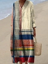 economico Abiti a Strisce e Geometrici-Per donna Abito Midi Vestito Estivo Abito a trapezio Vacanza Casual Boho Uscire Spiaggia Grafico Manica Lunga Scollo a V Giallo Rosso Bianco sporco Cachi Estate Primavera