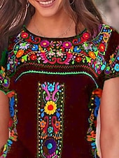 cheap Boho tee-Women&#039;s T Shirt Peasant Blouse Floral Bohemia Active Western Short Sleeve Crew Neck Regular Tops Daily Print Black Wine Blue Gray Summer