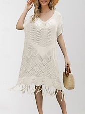 abordables Robes de plage-Maillots de bain pour femmes robe de nage maillot de bain découpé frange vacances vêtements de plage couleur unie col en V manches courtes maillots de bain
