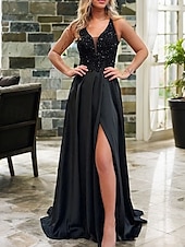 cheap BLACK-A-Line Evening Gown Glittering Dress Prom Birthday Sweep / Brush Train Sleeveless V Neck Sequined Crisscross Back with Glitter Beading Sequin