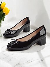 cheap Block Heels-Women&#039;s Black Patent Leather Block Heel Ballet Pumps with Bow - Elegant Round-Toe Shoes for Work, Office &amp; Formal Events