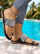 economico Infradito scivolosi-sandali da donna con anello in strass per le dita dei piedi – eleganti scarpe basse slip-on con decorazioni scintillanti per l'estate, la spiaggia e l'abbigliamento casual chic