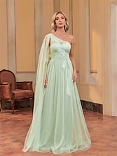 tanie Suknie wieczorowe-Sukienki A-line na quinceanera elegancka sukienka weselna dla gości długości do ziemi bez rękawów jedno ramię szyfonowa z aplikacjami
