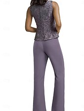 preiswerte Unter 129,99 $-Hosenanzug Brautmutterkleid Hochzeitsgast Elegant Einfach Rundausschnitt Bodenlang Polyester Langarm mit Applikationen Einfarbig 2025