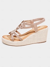 preiswerte Urlaubsandalen-Beige Keilsandalen für Damen – Boho-Plateausandalen mit T-Riemen und Stickereien für den Sommer, Strandurlaub und Freizeitausflüge