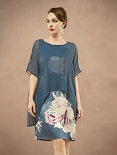 abordables Moins de 129,99 $-Robe Mère de la Mariée Colonne Sheath Élégante Col Ronde Longueur Thé Mousseline Satin Manches Courtes avec Fleur Couleur Unie Robe de Mariage Invité 2025