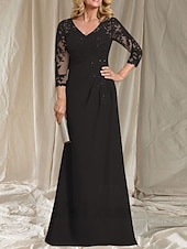 preiswerte Bodenlänge-A-Linie Brautmutter Kleid Hochzeitsgast Elegant V-Ausschnitt Bodenlänge Chiffon 3/4-Länge Ärmel mit Perlenapplikationen