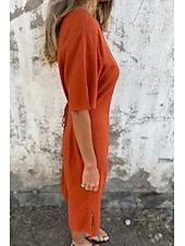 economico Abiti casual bianchi-Per donna Abito Midi Abito in cotone e lino Moda Essenziale Quotidiano Uscire Spiaggia Vestibilità regolare Fiore Manica Corta Scollo a V Bianco Giallo Rosa Vino Estate