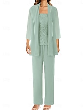 preiswerte Unter 129,99 $-Hosenanzug Brautmutterkleid Hochzeitsgast Elegant Einfach Juwelenhals Bodenlang Polyester Langarm mit Einfarbig 2025