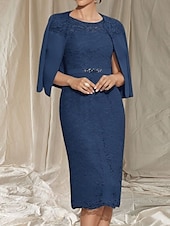 abordables Longueur du thé-Robe Deux Pièces Moulante  Colonne Mère de la Mariée Robe Invité de Mariage Élégante Col Ronde Longueur Thé Manches 3/4 avec Dentelle perles Robe Midi
