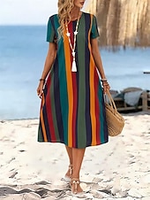 preiswerte Streifen- und geometrisches Kleid-Damen Mini Kleid T-Shirt Kleid Tee Kleid Sommerkleid Freizeit Täglich Regulärer Fit Grafisch Gestreift Kurzarm Rundhalsausschnitt Orange Sommer Frühling