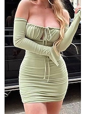 cheap White Graduation Dresses-Women&#039;s Mini Dress White Dress Graduation Dress Bodycon Elegant Fashion Birthday Graduation Date Regular Fit Plain Long Sleeve Off Shoulder Black White Light Green Wine Summer